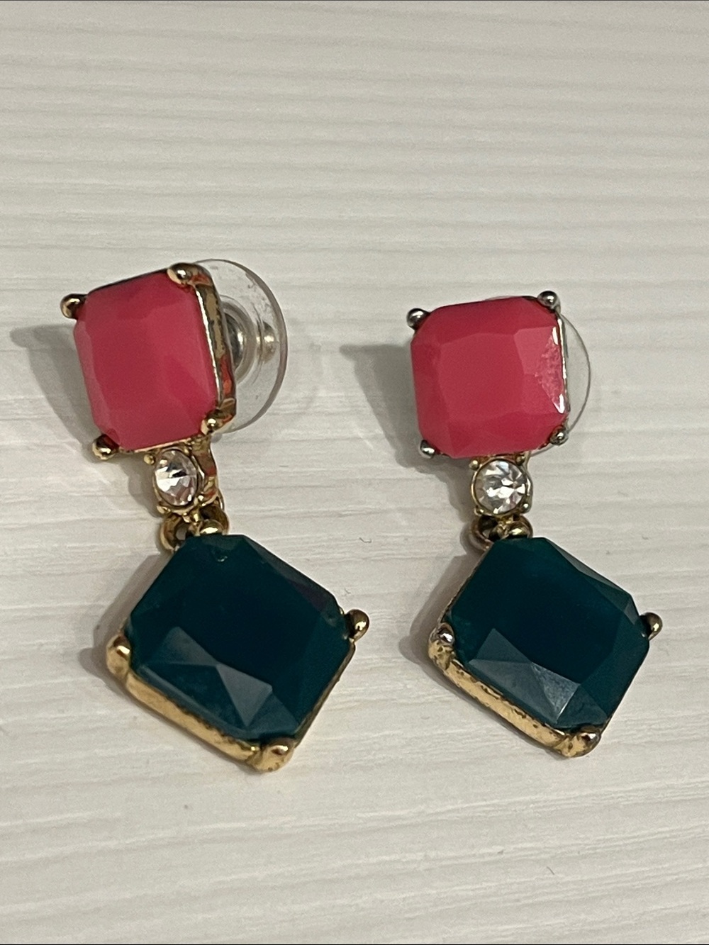 J. Crew Gold-Trim Pink and Teal Crystal Drop Earrings